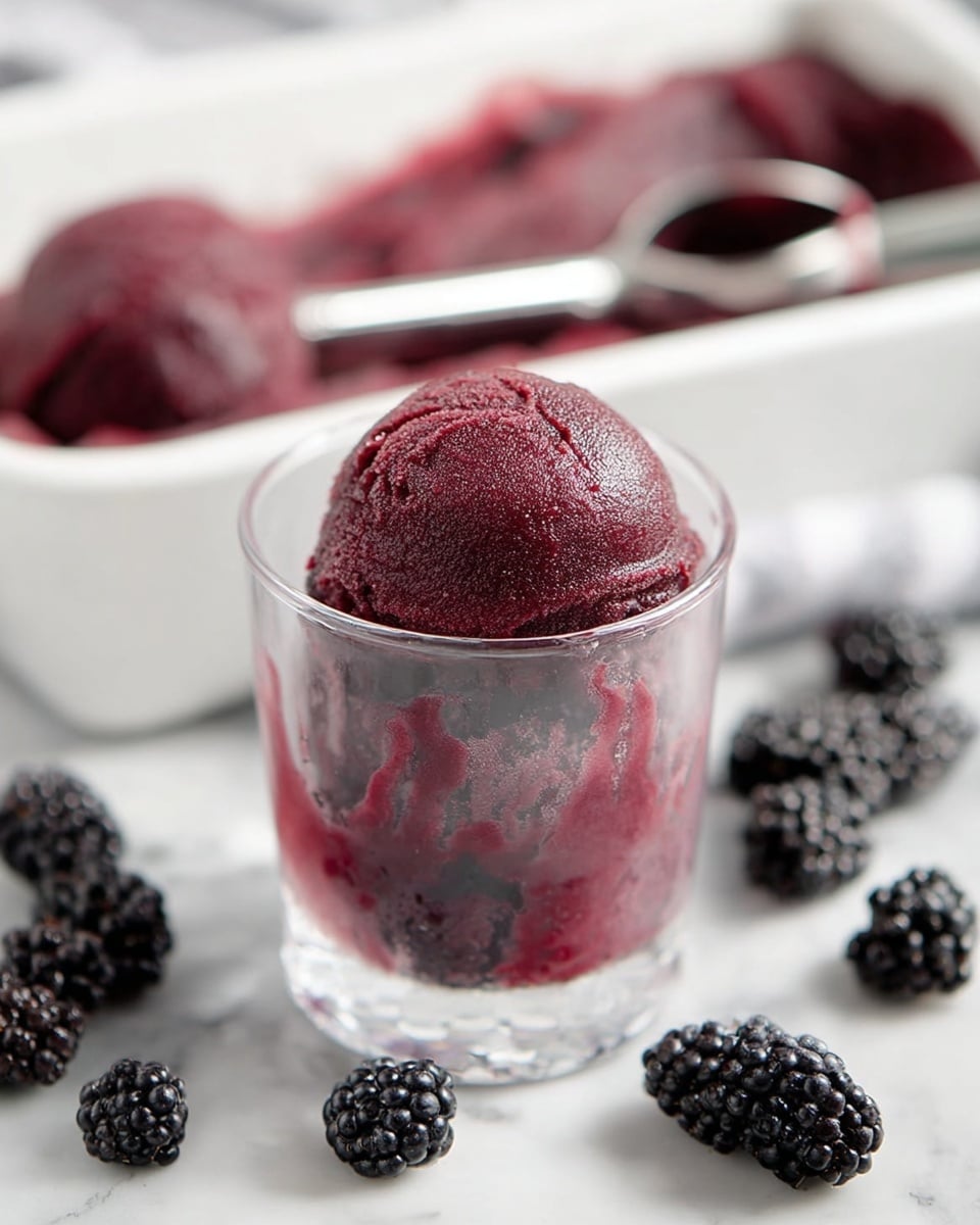 A clear glass cup filled with a dark purple-black sorbet, with a round smooth scoop on top showing frosty texture. The inside of the glass has visible swirls of the same deep color, hinting at the frozen dessert inside. Around the glass are fresh blackberries scattered on a white marbled surface, adding a contrast with their slightly shiny black and purple tones. In the background, a white tray holds more of the sorbet with a silver ice cream scooper resting on it. The overall look is fresh, cold, and inviting. photo taken with an iphone --ar 4:5 --v 7