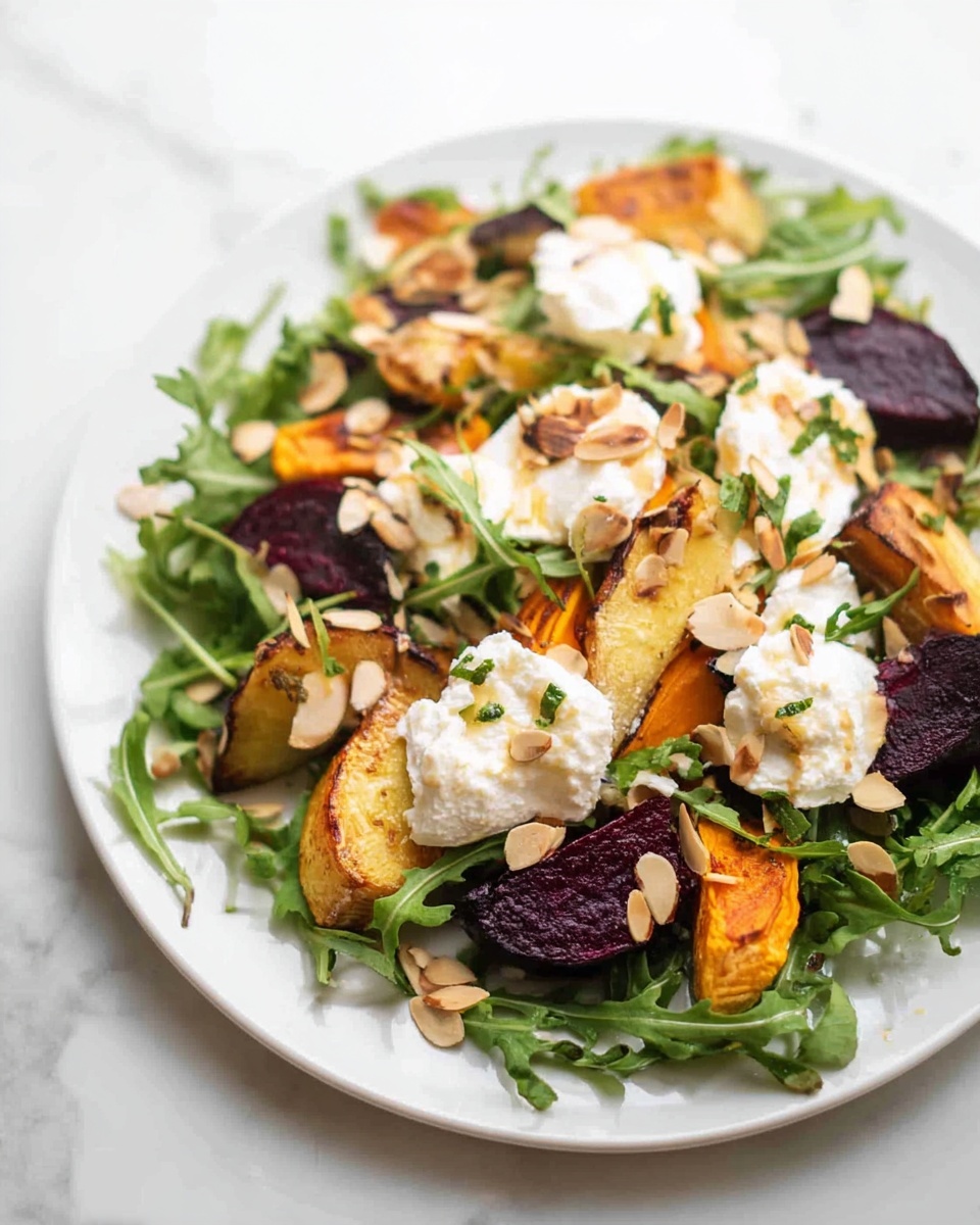 A white plate holds a salad with three main layers: at the bottom, a layer of fresh green arugula leaves spreads across the plate; on top of this, there are roasted vegetable pieces including orange sweet potatoes, golden turnips, and dark purple beets, all with a slightly charred, rough texture; the top layer is made up of dollops of soft, white creamy cheese scattered evenly, garnished with light brown toasted almond slices and small green herb pieces. The salad is arranged in a loose, natural way, showing a mix of colors and textures on a white marbled surface. photo taken with an iphone --ar 4:5 --v 7