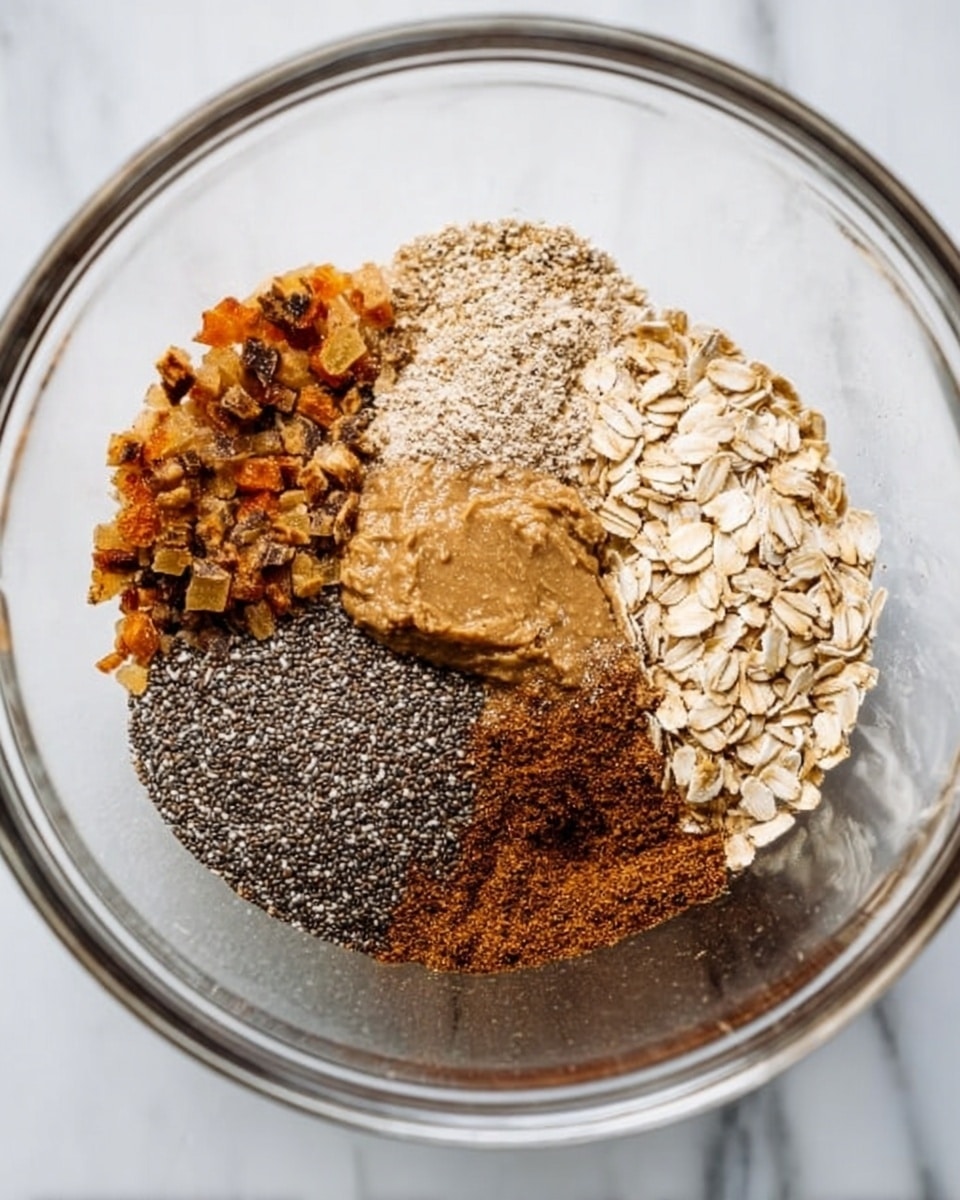 In a clear glass bowl on a white marbled surface, six different dry ingredients are arranged in distinct sections, forming a circle. The top right section shows light brown rolled oats with a rough texture, next to a smaller section of fine, light brown ground flaxseed. Below the oats, there are small, black chia seeds forming a dense patch. To the left of the chia seeds, there are chopped pieces of dried fruit in a light brown to orange color with a rough texture. Above the dried fruit, a smooth, golden brown sticky paste sits next to a dark brown powder, possibly cinnamon, filling the upper left and center areas of the bowl. The clear glass bowl and the white marbled surface give a clean and fresh look to the mixture. Photo taken with an iphone --ar 4:5 --v 7