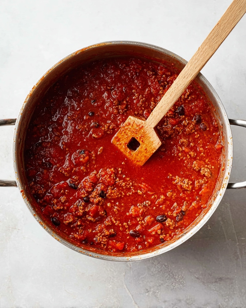 A large silver pot filled with thick red chili, showing visible chunks of ground meat and scattered black beans. The chili has a rich, slightly oily surface with small pieces of tomato throughout, giving it a textured and hearty look. A wooden spoon with a square hole rests inside the pot, angled towards the right side. The pot is sitting on a white marbled surface, with slight splashes of chili sauce on the pot’s rim. photo taken with an iphone --ar 4:5 --v 7