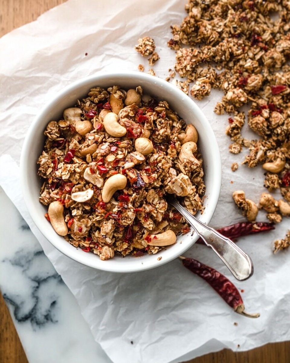 A white bowl filled with chunky granola made up of mixed nuts like cashews and almonds, small red chili pieces, and oats, resting on white parchment paper with more granola spread around it. A silver spoon is placed inside the bowl, and there are two small dried red chilies lying on the white marbled surface next to the parchment paper. The granola shows a mix of light brown and reddish shades with a rough texture, and the background is a wooden table. Photo taken with an iphone --ar 4:5 --v 7