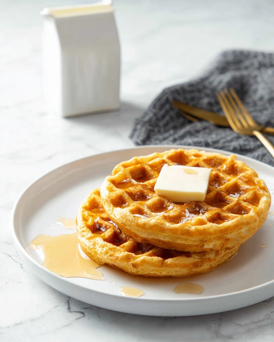 A stack of three golden brown waffles sits in the center of a white plate, each waffle having a crispy texture with deep grid patterns. On the top waffle, a small square of melting butter is placed at the center, with amber syrup being poured over it, flowing down the grooves and edges of the waffles. The plate rests on a white marbled surface, and in the upper background, part of another white plate can be seen holding more waffles. The lighting highlights the warm color and texture of the waffles, syrup, and butter. photo taken with an iphone --ar 4:5 --v 7