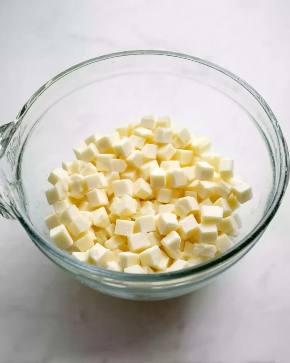 A clear glass mixing bowl filled with small, uniform, pale yellow cubes that look soft and smooth. The bowl is placed on a white marbled surface with soft natural light highlighting the cubes' texture and color. The overall scene is simple and clean, focusing on the contents inside the bowl. photo taken with an iphone --ar 4:5 --v 7