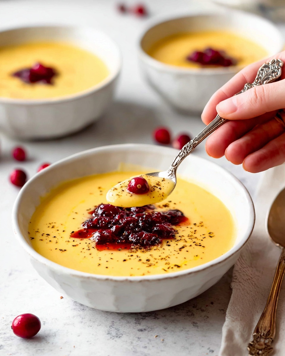 A white bowl filled with smooth, thick yellow soup has a pile of dark red cranberry sauce placed in the middle. The soup surface is sprinkled lightly with black pepper. A woman’s hand is holding an ornate silver spoon, scooping some of the soup near the cranberry topping. In the background, there are two more white bowls with the same yellow soup, one topped with a small cranberry, all placed on a white marbled surface scattered with a few loose cranberries. photo taken with an iphone --ar 4:5 --v 7