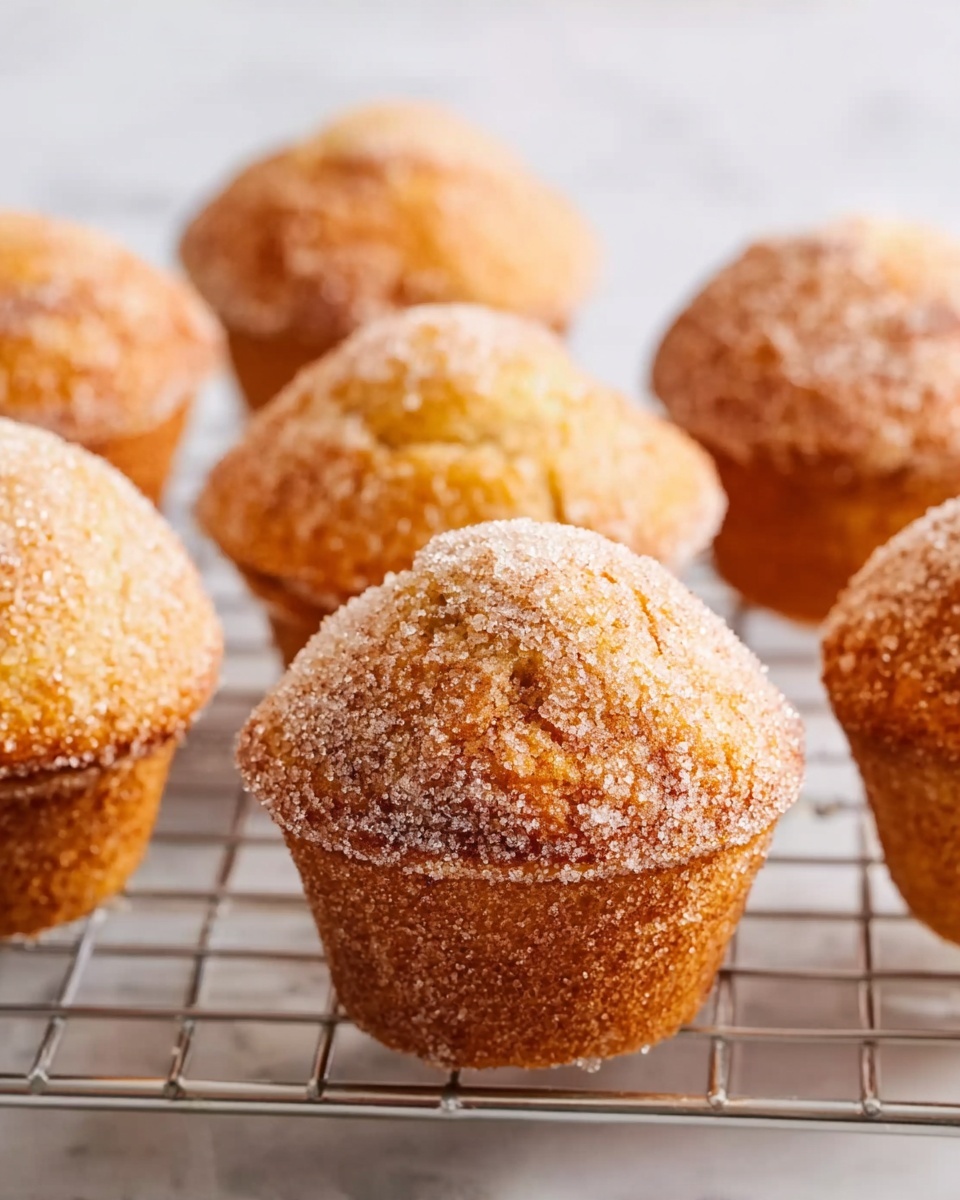 The image shows six sugar-coated muffins arranged on a silver cooling rack, each muffin appearing round and golden-brown with a light dusting of granulated sugar covering the tops and sides. The muffins have a slightly rough texture with a soft, puffy dome shape rising nicely above the ridged base. The white marbled surface beneath the rack is softly blurred, giving the scene a clean and bright kitchen feel. The light shines evenly, highlighting the sugar crystals and the muffins’ warm, baked color. Photo taken with an iphone --ar 4:5 --v 7