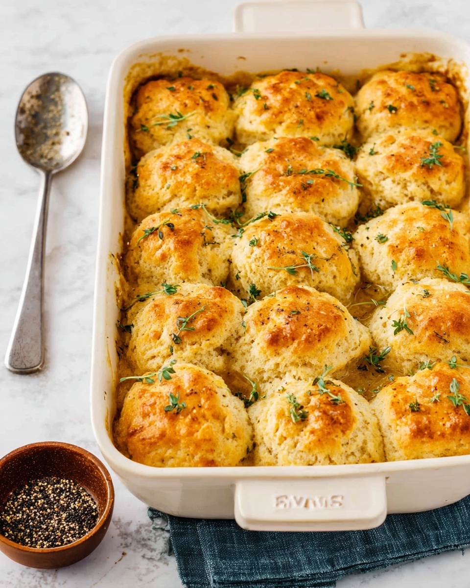 A white rectangular baking dish filled with rows of golden-brown biscuit tops that are slightly crispy and uneven, each biscuit with a round, puffy shape. The biscuits are sprinkled with small green herb leaves, adding a fresh pop of color on top of the warm, light brown texture. The dish is set on a white marbled surface with a silver spoon and a small brown bowl filled with black pepper seeds nearby. photo taken with an iphone --ar 4:5 --v 7