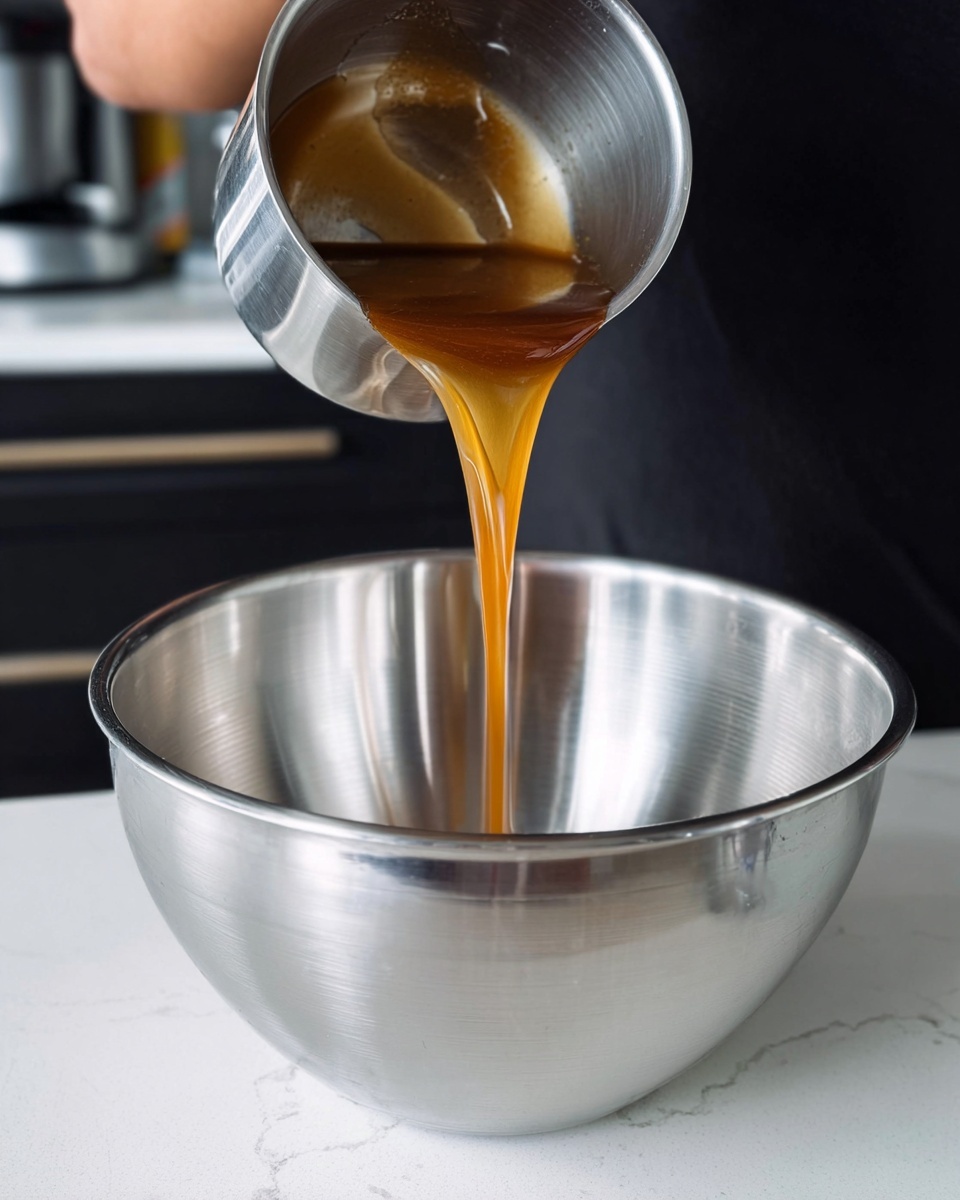 A close-up shot shows a woman's hand holding a small silver saucepan pouring a thick, golden-brown liquid into a large silver mixing bowl. The liquid flows smoothly in a single stream from the tilted saucepan to the empty bowl below. The background features dark kitchen cabinets and the countertop is a white marbled texture. The shiny metal surfaces reflect soft light, highlighting the smooth textures of the liquid and bowls. photo taken with an iphone --ar 4:5 --v 7