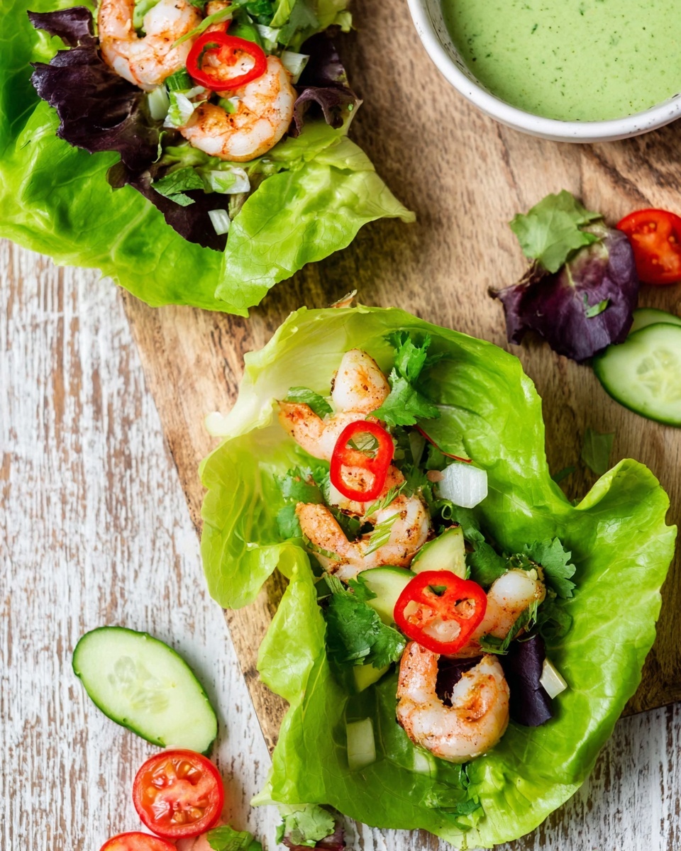 Two lettuce wraps are placed on a wooden surface with a white marbled texture. Each wrap is made from bright green leafy lettuce that forms the base layer, curled to hold the filling. The fillings include shiny, cooked shrimp with a light pink and white color, topped with thin slices of red chili pepper. Below the shrimp, there are pieces of fresh green herbs and small white pieces that look like chopped onion or scallions. One wrap has extra layers of dark purple lettuce leaves and a red cherry tomato and cucumber slices nearby. In the upper background, there is a small white bowl filled with a thick, green creamy sauce. The whole scene looks fresh and colorful with vivid greens, reds, and whites clearly visible. photo taken with an iphone --ar 4:5 --v 7