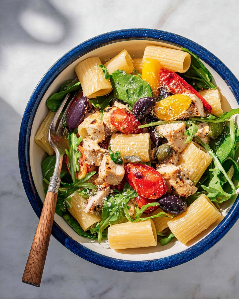 A white bowl with dark brown specks holds a colorful pasta salad with three main layers. The bottom layer has large, pale yellow rigatoni pasta tubes with ridged texture. Scattered among the pasta are cherry tomatoes, both red and orange, halved to show their juicy insides. The top layer features grilled chicken pieces with a golden brown, slightly charred exterior and tender white inside. Fresh, bright green spinach leaves and some darker green leafy herbs are mixed throughout, adding color and freshness. A silver spoon rests on the right side, slightly inside the bowl. The bowl sits on a surface with a white marbled texture, showing soft light and shadows. Photo taken with an iphone --ar 4:5 --v 7