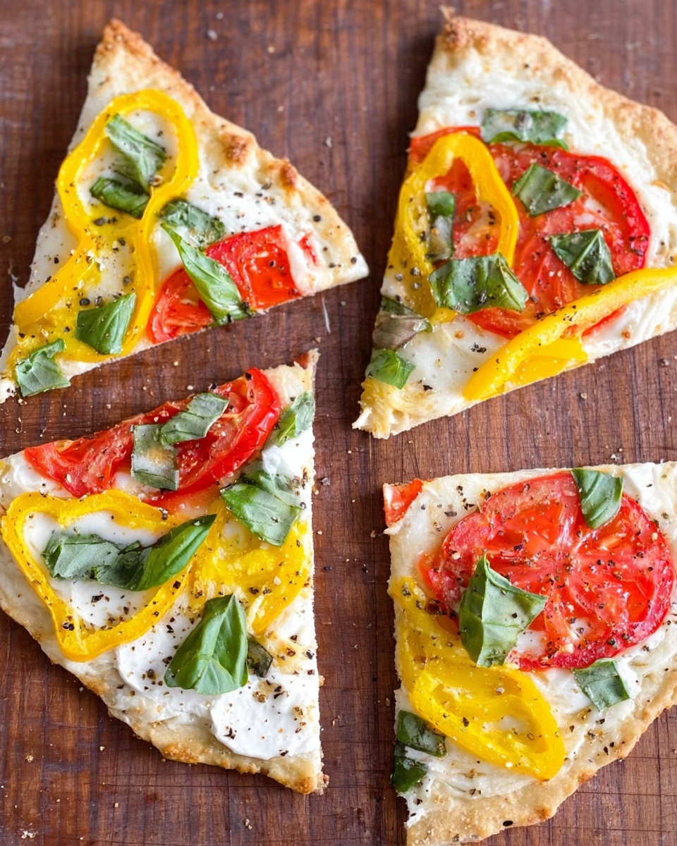 A flat, rectangular tart sits on a white marbled surface, showcasing three main sections from left to right. The base is a golden-brown, toasted crust with a slightly rough texture and browned edges. On top is a creamy white cheese layer that melts smoothly across the crust. Each section is decorated with a yellow bell pepper ring, inside which lies a ring of red tomato slices. Bright green basil leaves are scattered atop the cheese and vegetables, adding fresh color contrast. A light sprinkling of black pepper is visible on the cheese. A knife is partially visible in the upper left corner. Photo taken with an iphone --ar 4:5 --v 7