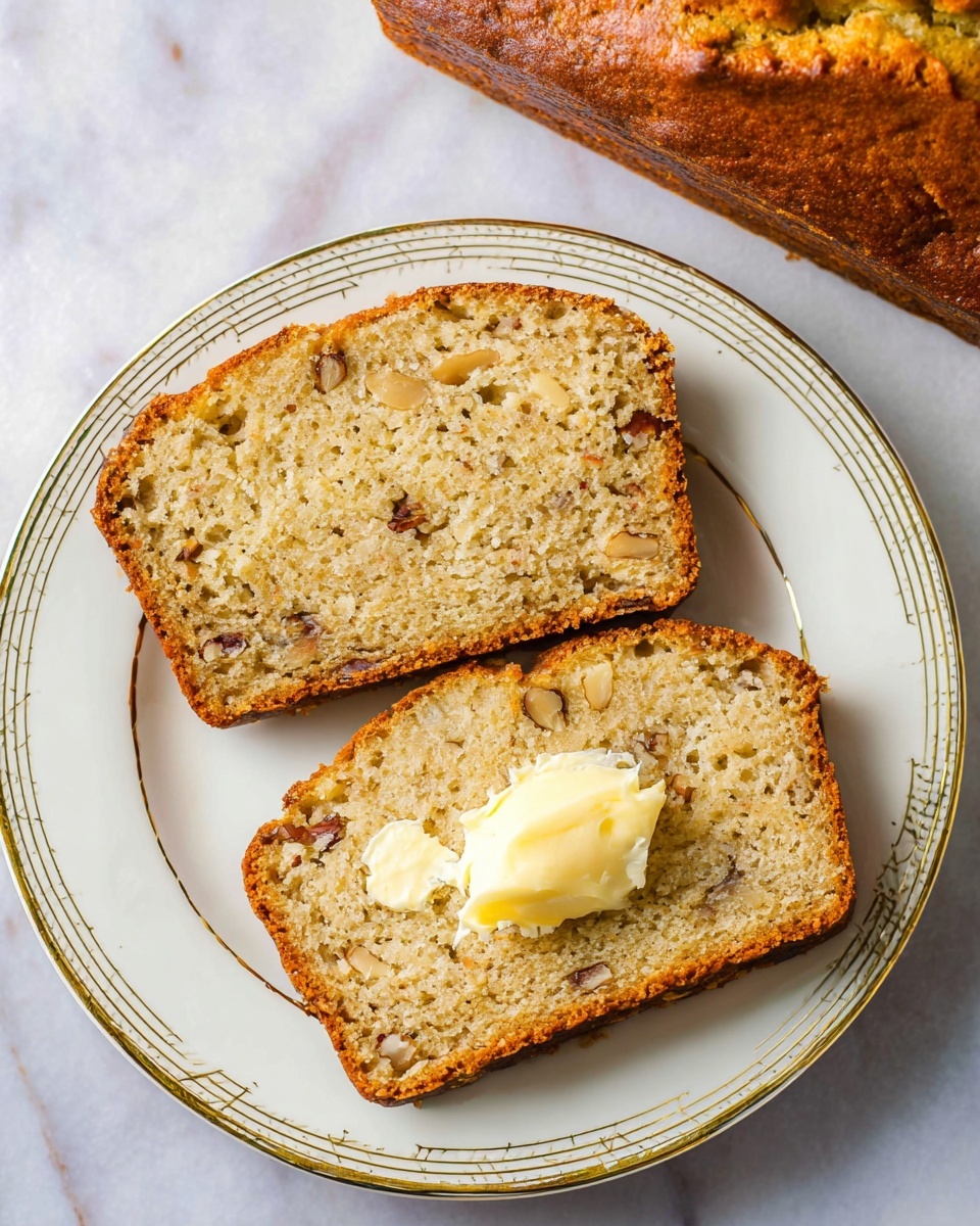 A loaf of banana bread with a golden brown crust is shown sliced on a white marbled surface. The bread has two thick slices placed in front, revealing a soft, light beige interior speckled with small pieces of walnuts. The top crust is cracked and textured, showing a deeper golden brown color with some darker baked spots. The bread looks moist inside with a slightly rough texture. Photo taken with an iphone --ar 4:5 --v 7