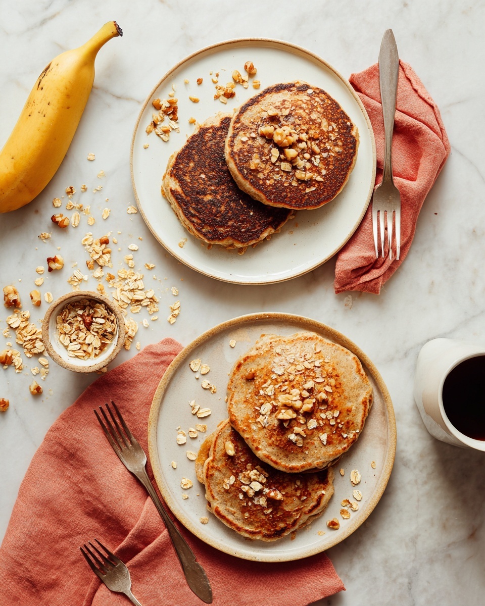 There are two white plates with oats pancakes on a white marbled surface. The top plate has three darker brown pancakes sprinkled with oat pieces, placed on a coral cloth napkin. The bottom plate has five lighter brown pancakes with some nuts and oats on top, also sitting on part of the coral cloth. To the left, a peeled banana and a half-full silver scoop with granola next to some scattered granola pieces are visible. There are two forks beside the bottom plate and a white jug of dark coffee near the bottom right edge. Photo taken with an iphone --ar 4:5 --v 7