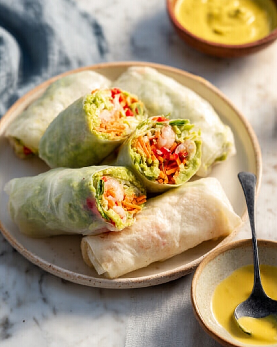 The image shows a white plate on a white marbled surface filled with three whole rice paper rolls and one roll cut in half, revealing colorful layers inside. The outer layer is a translucent rice paper wrap with a slightly rough texture. Inside, the first inner layer is bright green avocado spread, followed by a layer of shredded orange carrots and small pieces of light pink shrimp. The rolls are stacked on the plate, and nearby there's a bowl with a yellow dipping sauce and a black spoon inside it. The scene is softly lit and has a fresh, appetizing look. Photo taken with an iphone --ar 4:5 --v 7
