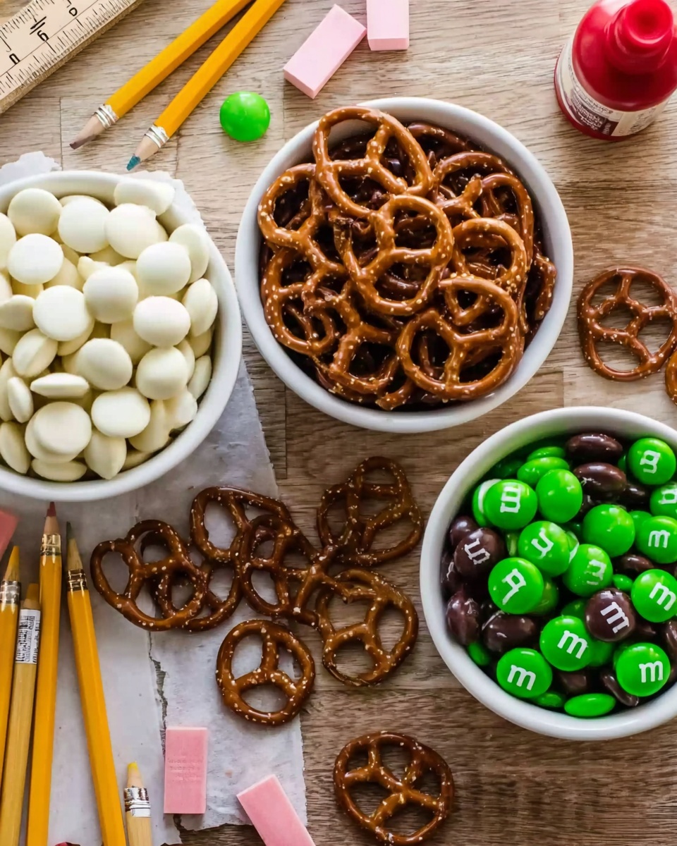 The image shows three white bowls on a wooden table, each filled with different snacks. The top left bowl is full of small, smooth, white chocolate discs. The bottom bowl contains many shiny, brown pretzels with a twisted shape and some salt crystals. The top right bowl holds green and dark brown small round candies with an