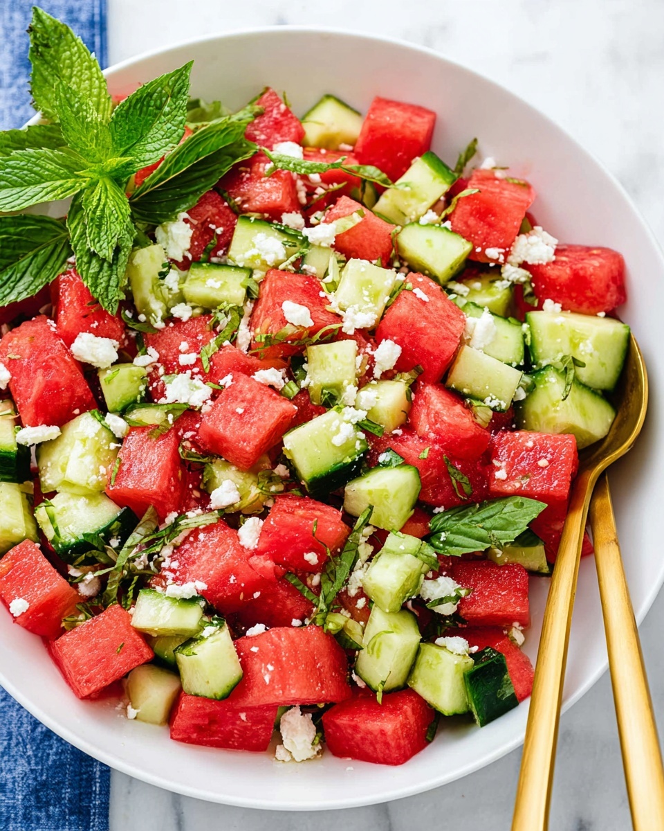 A large white round plate filled with a colorful salad made of chunky red watermelon cubes and green cucumber pieces, scattered with small white crumbles of cheese and sprinkled with fresh green herbs. Bright green mint leaves and basil leaves add contrast and freshness, placed on top and mixed through. On the right side inside the plate, a gold spoon rests partly on the salad. The plate is set on a white marbled textured surface, with some glasses and lime halves around it, showing bright and natural light. photo taken with an iphone --ar 4:5 --v 7