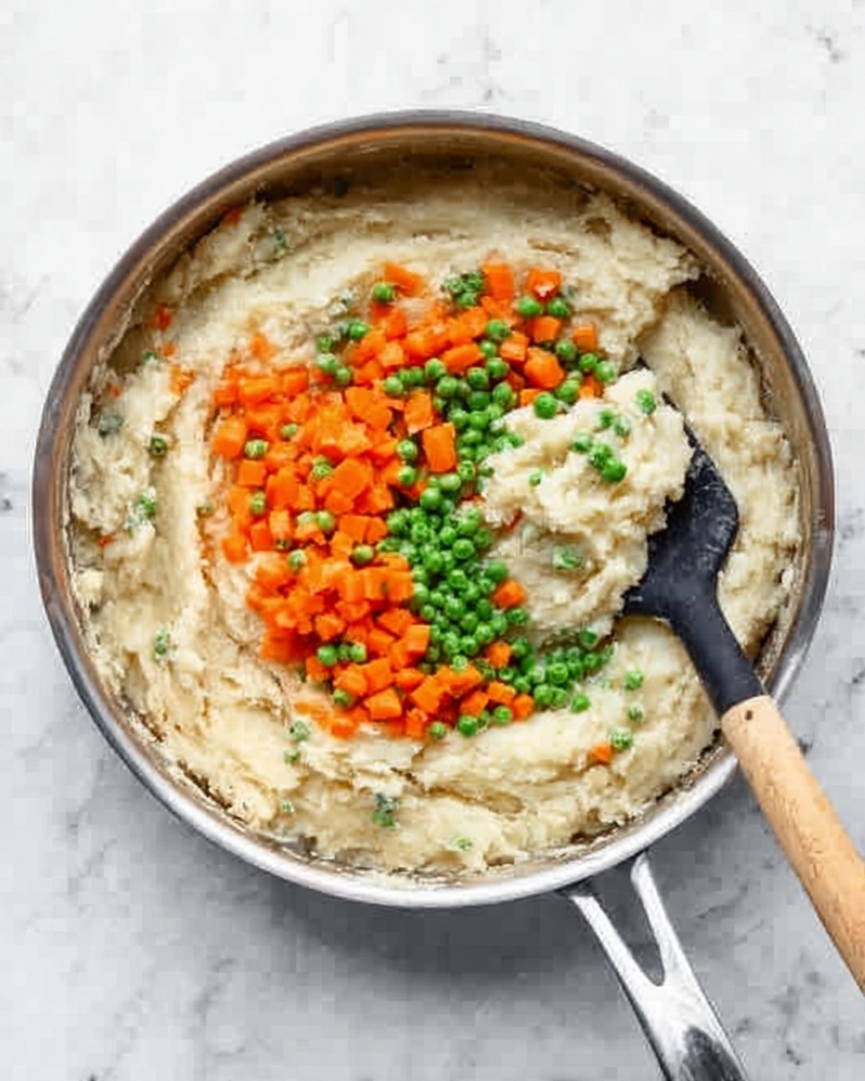 A large silver pan filled with mashed potatoes that have a creamy texture and light beige color, topped with a pile of bright orange diced carrots and vivid green peas placed in the center. A black spatula with a wooden handle rests inside the pan, partly on the mashed potatoes near the handle. The pan is set on a white marbled surface. Photo taken with an iphone --ar 4:5 --v 7
