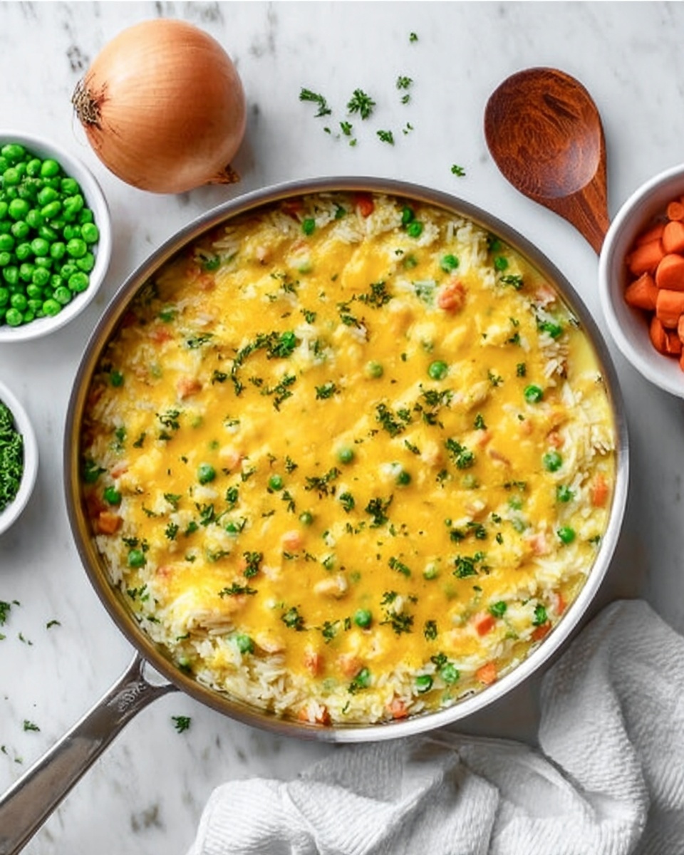 The image shows a round silver pan filled with a layered dish on a white marbled surface. The bottom layer is white rice mixed with small pieces of mixed vegetables like peas and carrots. On top, there is a thick layer of melted bright yellow cheese spread evenly, with bits of green herbs sprinkled across it. Around the pan, there is a whole unpeeled onion on the left, a small white bowl filled with peas and carrots on the top right, a wooden spoon resting on a white cloth near the bottom right, and a white empty plate in the top left corner. photo taken with an iphone --ar 4:5 --v 7