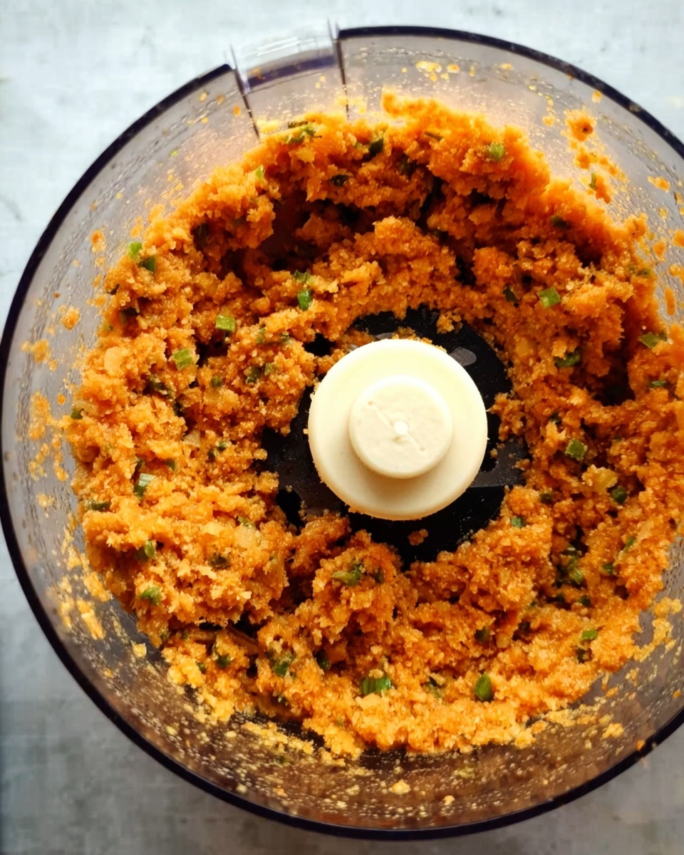 This image shows a food processor bowl filled with a chunky orange mixture with small green bits scattered throughout. The mixture has a coarse texture and looks well-blended but not smooth. The plastic blade sits in the center inside a transparent bowl. The background surface has a white marbled texture. photo taken with an iphone --ar 4:5 --v 7