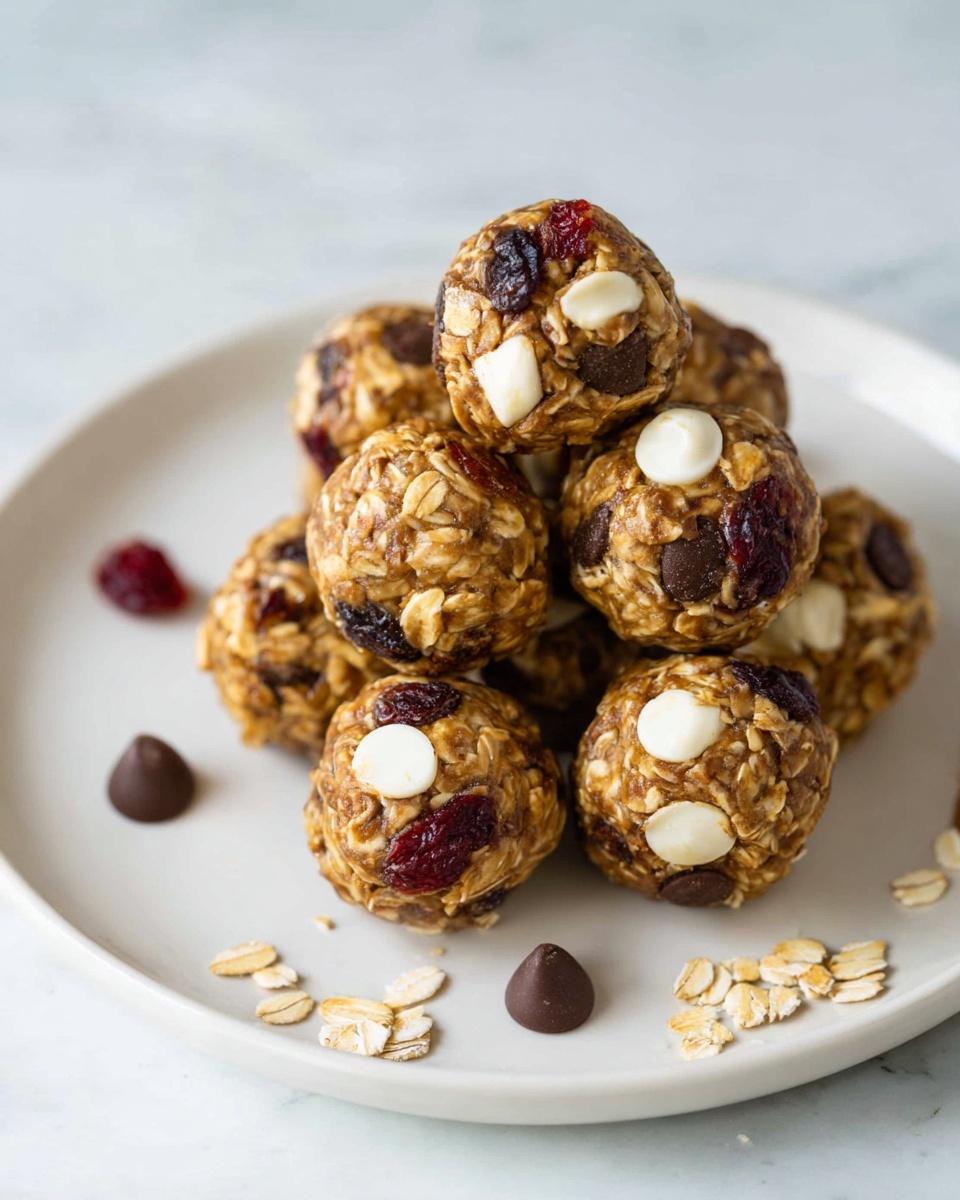 A stack of round oatmeal balls sits on a white plate over a white marbled surface. The balls have a textured look with visible oats, with some containing dark brown chocolate chips, others with white chocolate chips, and some showing dark red dried fruit pieces mixed in. The colors range from light brown oatmeal base to dark brown and white chocolates and red spots from fruit, arranged in a small heap with a few chocolate chips and oats scattered around the plate. Photo taken with an iphone --ar 4:5 --v 7