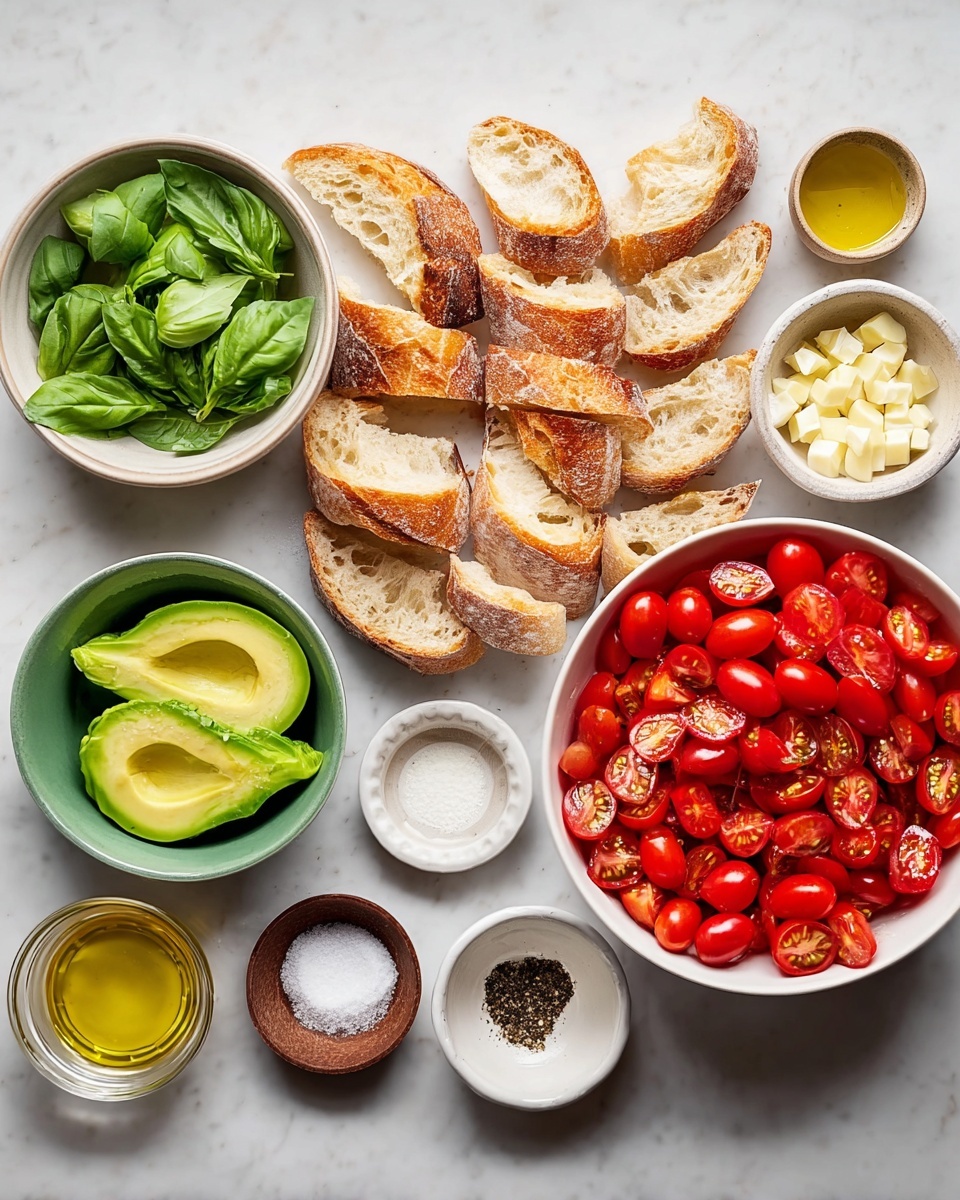 The image shows many bowls and small dishes arranged on a white marbled surface, each holding different fresh and prepared ingredients. On the right is a large white bowl filled with bright red cut cherry tomatoes. Next to it, a small white bowl contains finely chopped garlic. In the center, there are many slices of golden brown crusty bread, arranged in two rows. Towards the left, a round white bowl holds fresh green basil leaves, and near it, a green bowl contains three halves of ripe avocado with creamy pale green flesh. A small glass holds golden olive oil, a small brown bowl has cracked black pepper, and two tiny white bowls contain white vinegar and another light liquid. A small dish holds coarse white salt. The colors are vibrant with fresh green, red, and golden brown tones, all set on a clean white marbled surface. photo taken with an iphone --ar 4:5 --v 7