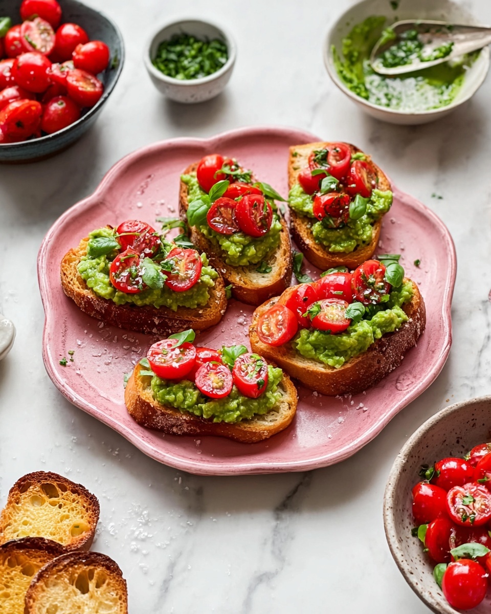 The image shows six pieces of toasted bread on a pink plate with a scalloped edge, each topped with a spread of bright green avocado mash, halved and sliced red cherry tomatoes, and small green basil leaves sprinkled on top. The toasted bread is golden brown and has a crisp texture. Around the plate on a white marbled surface are extra toasted bread slices, a white small bowl with chopped green herbs, a dark bowl with extra avocado mash and a spoon, and a white bowl with halved cherry tomatoes stuffed with cheese. Coarse salt is scattered lightly on the plate and surface. photo taken with an iphone --ar 4:5 --v 7