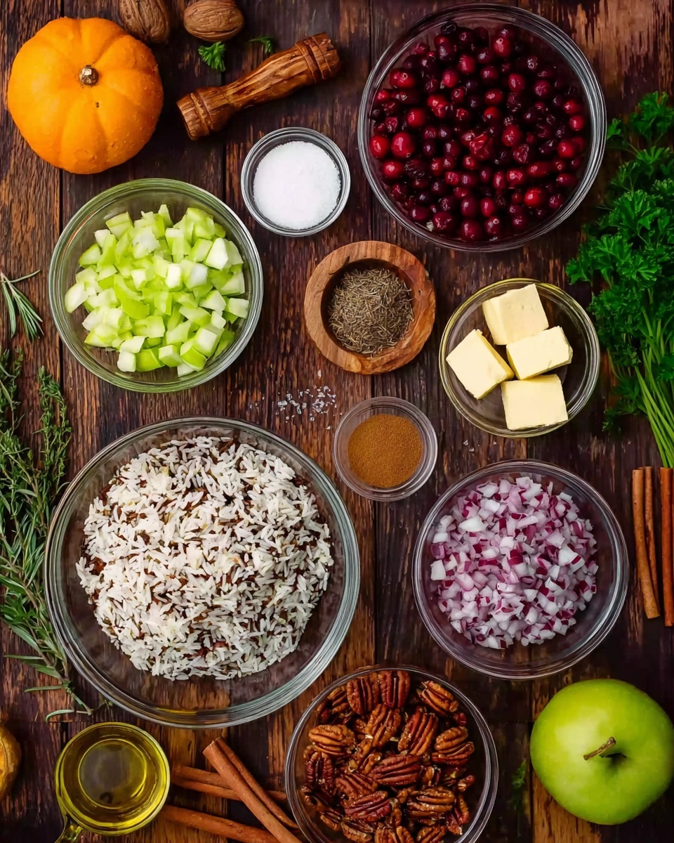 Top view of clear glass bowls with different ingredients arranged on a dark wooden surface with added small orange pumpkins, green apples, cinnamon sticks, and parsley leaves scattered around. The ingredients inside the bowls include three layers: frozen red cranberries in a medium bowl at top right, chopped red onions in a small bowl at bottom right, and a mix of white and wild rice in a larger bowl on the left center. Surrounding these are smaller bowls containing chopped celery at top left, chopped pecans below the rice bowl, and cubes of butter next to the pecans. Additional small bowls hold brown sugar, ground cinnamon, dried rosemary, and small amounts of salt and pepper placed near a wooden salt and pepper holder at the top. A small glass of oil is placed near the bottom left, all on a rich dark wooden background. Photo taken with an iphone --ar 4:5 --v 7
