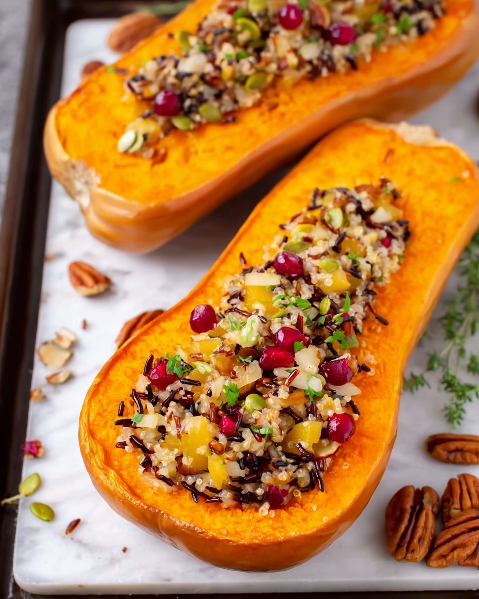 A roasted orange butternut squash halved lengthwise is filled with a colorful mixture. The filling has small chunks of white and yellow vegetables or fruits, dark brown wild rice grains, bright red berries, and scattered pieces of pecan nuts. The squash itself has a smooth, slightly shiny texture with a warm, deep orange color. The stuffed squash rests on a white marbled textured tray with small scattered pecans and a hint of green herbs around it. photo taken with an iphone --ar 4:5 --v 7