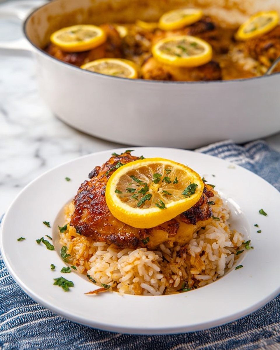 The image shows a white round plate with a serving of cooked rice forming the bottom layer, topped by a browned, crispy piece of chicken with a golden, textured skin. On top of the chicken is a thin, bright yellow lemon slice with visible seeds and a sprinkle of chopped green herbs scattered across the chicken and lemon. In the background, a white pot contains more pieces of chicken similarly topped with lemon slices and herbs. The plate is placed on a cloth with blue and white stripes, all set against a white marbled surface. photo taken with an iphone --ar 4:5 --v 7