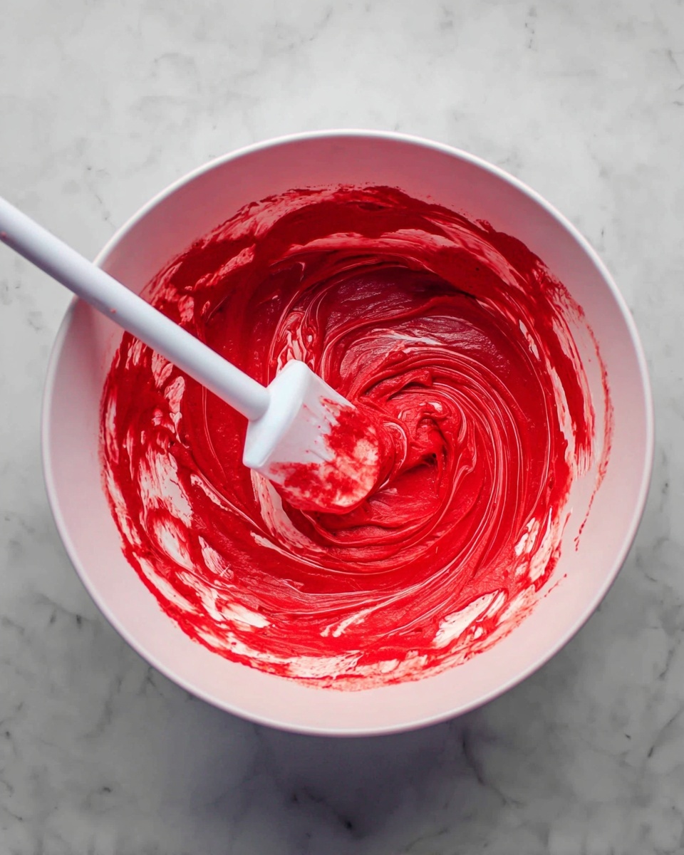 A large white bowl with bright red thick cream spread unevenly along the bottom and sides of the bowl, showing the swirled texture and glossy shine of the mixture. Inside the bowl, a white spatula with red cream on its head is resting in the center, slightly angled to the right, blending the cream. The scene is set on a white marbled surface, adding a clean and bright background contrast. Photo taken with an iphone --ar 4:5 --v 7