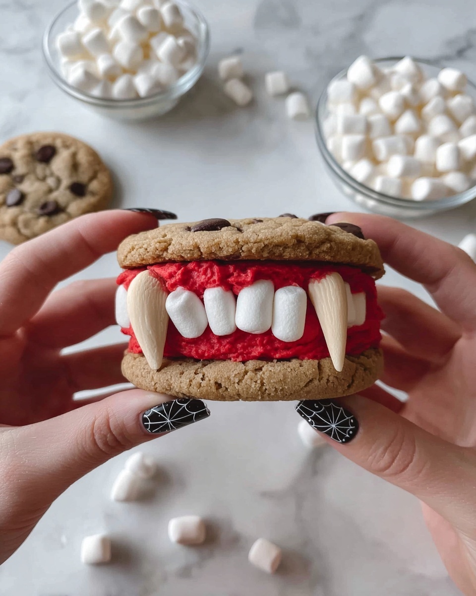 A cookie sandwich held by two woman's hands with black spider web nail art, consisting of two brown chocolate chip cookies as the top and bottom layers. Inside there is a thick middle layer of bright red icing, holding a row of white mini marshmallows arranged like teeth. Two long, light-colored almond slices stick out from the red icing like fangs. The background shows a white marbled surface with small white mini marshmallows scattered around and two glass bowls filled with more marshmallows and almond slices. Photo taken with an iphone --ar 4:5 --v 7