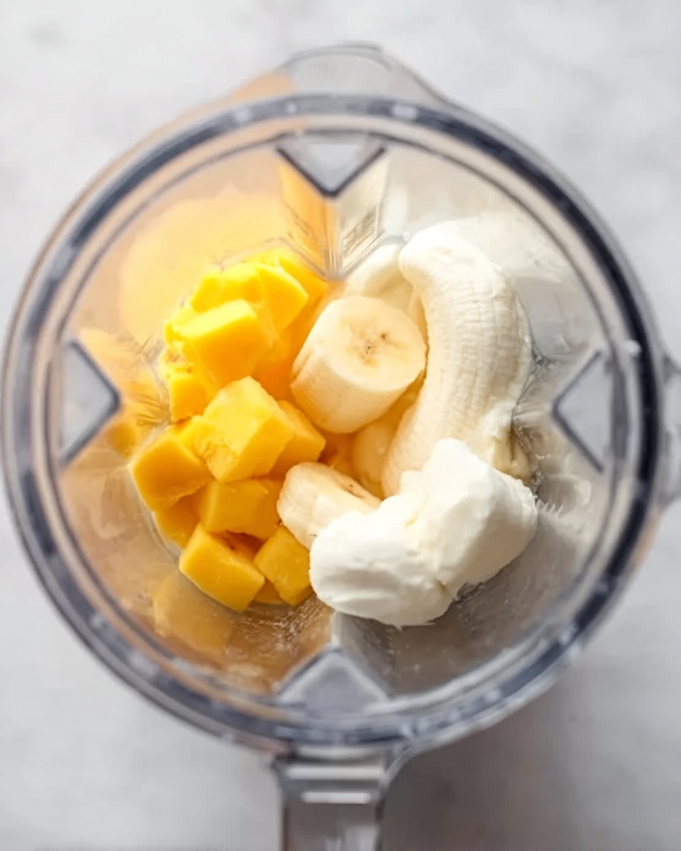 Inside a blender with clear sides, there are three main ingredients arranged loosely. The bottom layer has a few white creamy chunks with a smooth texture. Above this, there are small bright yellow pieces that look soft and moist. On one side, a peeled banana with a light cream color is placed, adding a round shape to the mix. The background is a white marbled texture, and a woman's hand is slightly touching the blender. Photo taken with an iphone --ar 4:5 --v 7