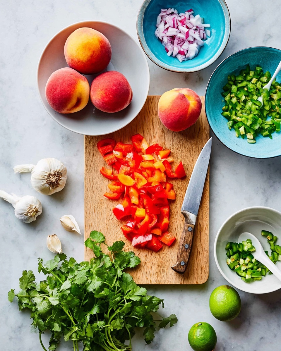 A light wooden cutting board is centered on a white marbled surface, with one bright red bell pepper sliced into small pieces spread across the middle and right side, and one larger chunk of pepper placed below. A knife with a wooden handle lies on the board, its blade pointing right. Four whole peaches with red and yellow skin surround the board, three placed inside a white bowl on the left and one peach positioned on the board's top right. Bright green cilantro leaves cluster on the bottom left of the board, with two cloves of garlic and two whole limes, one of them sliced in half, lying near the bottom of the image. To the right of the cutting board, a blue bowl filled with small chopped green peppers and a white spoon sits, and above, a blue bowl with chopped red onions completes the scene. The whole setup rests on a clean white marbled surface. photo taken with an iphone --ar 4:5 --v 7