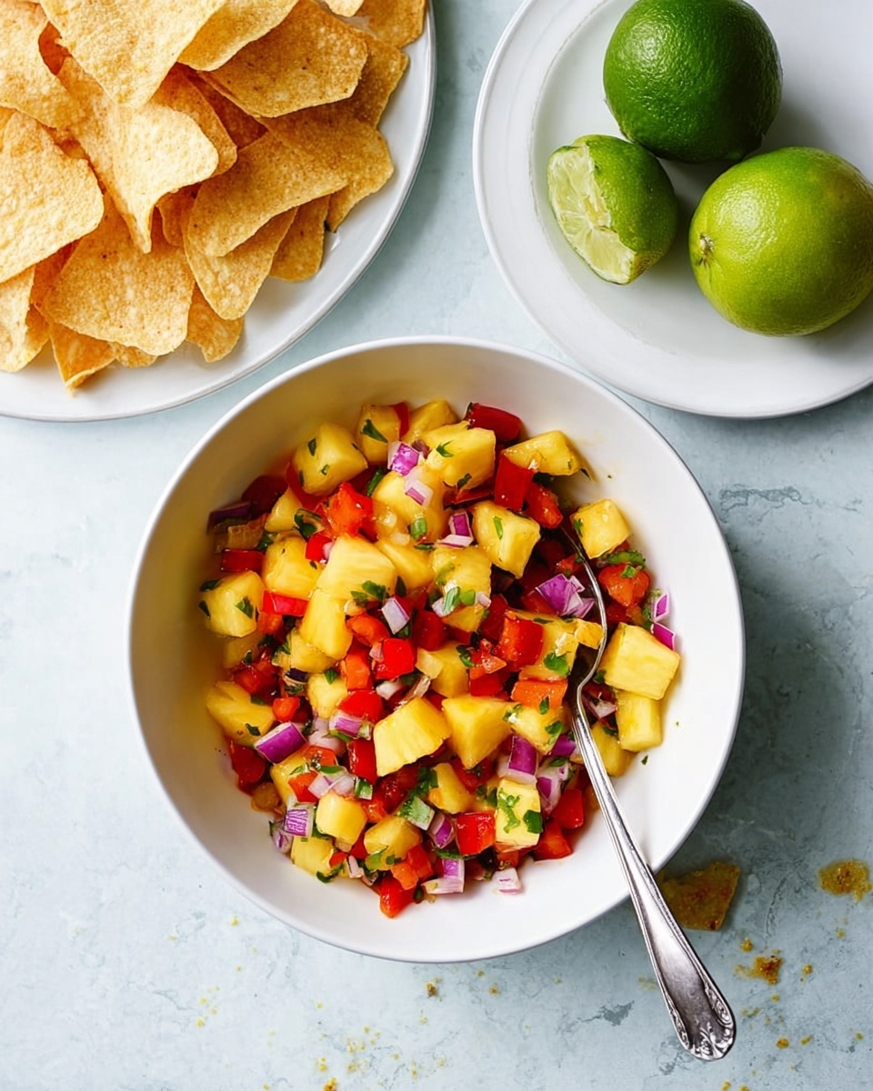A white bowl filled with three layers of colorful food: the bottom layer is bright yellow pineapple chunks with a juicy texture, mixed with medium red bell pepper pieces and small, crisp purple onion cubes, all sprinkled with bits of green herbs. A silver spoon rests inside this bowl, its handle leaning outwards. To the top left of the bowl, there is a white plate stacked with many light yellow triangular tortilla chips, slightly crisp and thin. Above that, a white plate holds two whole green limes and one half lime that appears squeezed, the texture juicy and rough. The background is a white marbled surface with scattered crumbs visible around the bowl and plates. Photo taken with an iphone --ar 4:5 --v 7