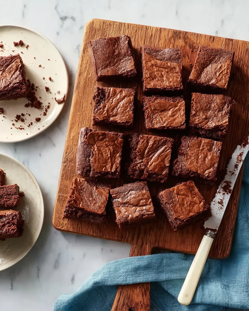 A wooden board laying on a white marbled surface holds about 16 square pieces of rich brown brownies with a crackly top layer, some stacked to show the moist interior texture. A white plate with crumbs and a small piece of brownie is at the top left, and at the bottom left, there is part of a white plate with visible brownie crumbs. A knife with a white handle and a metal blade rests on the wooden board near the edge. A blue cloth is draped along the bottom right corner of the board. The photo was taken with an iphone --ar 4:5 --v 7