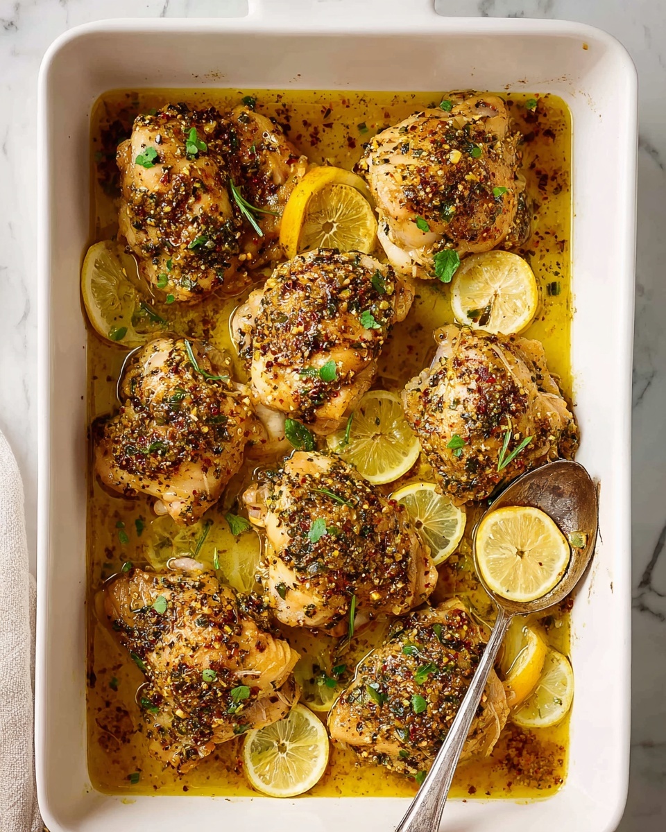 A close-up view of a white baking dish filled with several baked chicken pieces covered in a mix of herbs and spices, showing green parsley and small bits of garlic on top. The chicken has a light golden color with brown and green herb speckles, resting on thin lemon slices visible underneath. A silver spoon is held above one piece, dripping a shiny, yellowish sauce over the chicken, making it look juicy and flavorful. The background is a white marbled surface. Photo taken with an iphone --ar 4:5 --v 7