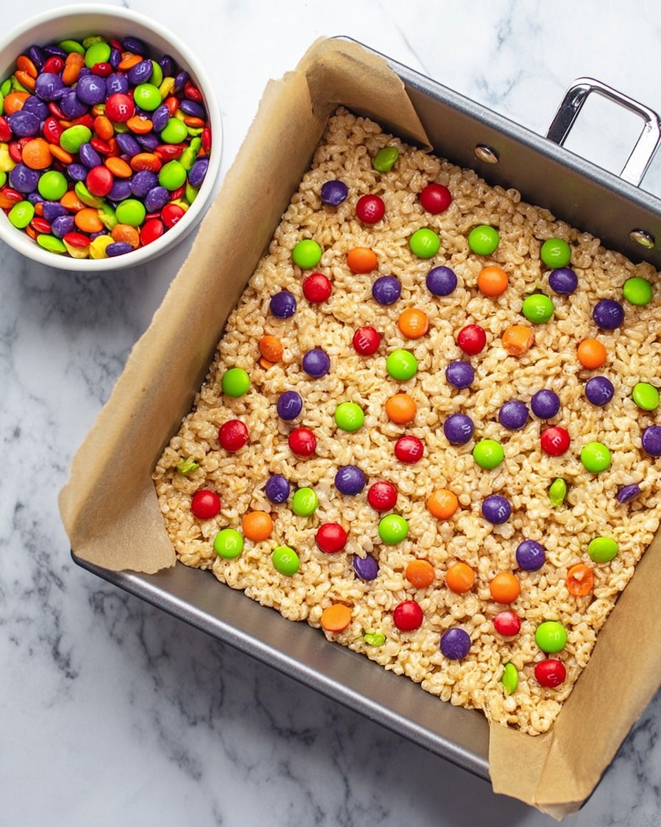 A square metal baking pan lined with brown parchment paper holds a layer of light tan crispy rice treats mixed with bright candy-coated chocolates in red, green, purple, and orange scattered evenly across the top, creating a colorful contrast with the textured rice layer beneath. To the left side of the pan is a small white bowl filled with the same candies, sitting on a white marbled surface background. The overall look is simple and inviting, showing one main layer of the treat with vibrant spots of color. Photo taken with an iphone --ar 4:5 --v 7