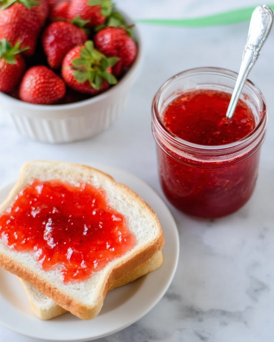 A white plate holds two slices of white bread, one on top of the other, with the top slice spread with a shiny, red strawberry jam that has some small fruit pieces and a slightly thick texture. Next to the plate, there is a clear glass jar filled with the same red jam, with a silver spoon dipped inside. In the background, a white bowl contains fresh, bright red strawberries with green leaves. The surface under everything is a white marbled texture. photo taken with an iphone --ar 4:5 --v 7