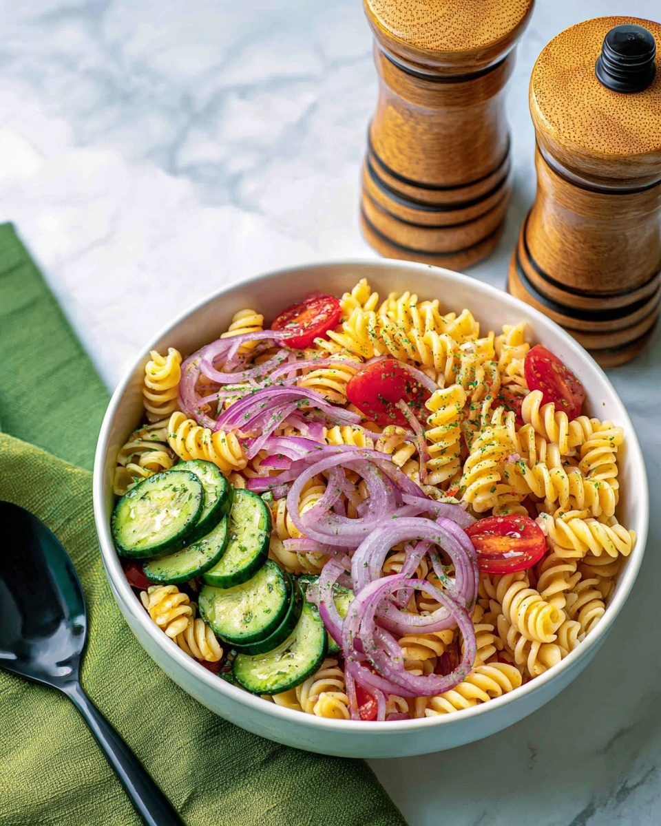 A white bowl full of pasta salad sits on a white marbled surface. The pasta is twisted spiral rotini, pale yellow in color, mixed with bright red cherry tomato halves, thin slices of purple onion, and thick cucumber slices with dark green skin and light green inside. The ingredients are evenly spread throughout the bowl, with small bits of green herbs sprinkled all over. A black fork holds a bite of pasta, cherry tomato, cucumber, and onion above the bowl. In the background, two small brown jars and folded white napkins are slightly blurred. photo taken with an iphone --ar 4:5 --v 7