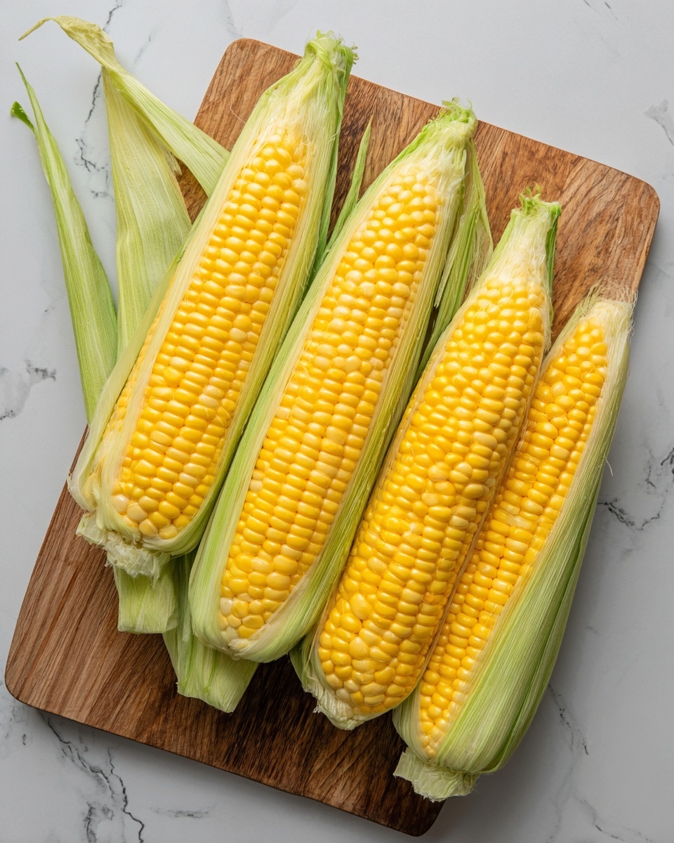 The image shows four ears of bright yellow corn, each partially covered with light green husks peeled back on a wooden cutting board. The corn kernels are plump and shiny, lined in neat rows, and the husks have a soft texture with some parts curling outwards. The cutting board has a natural brown wood grain and sits on a white marbled surface with subtle grey veining. The corn pieces are arranged diagonally across the board, creating a balanced and simple composition. photo taken with an iphone --ar 4:5 --v 7