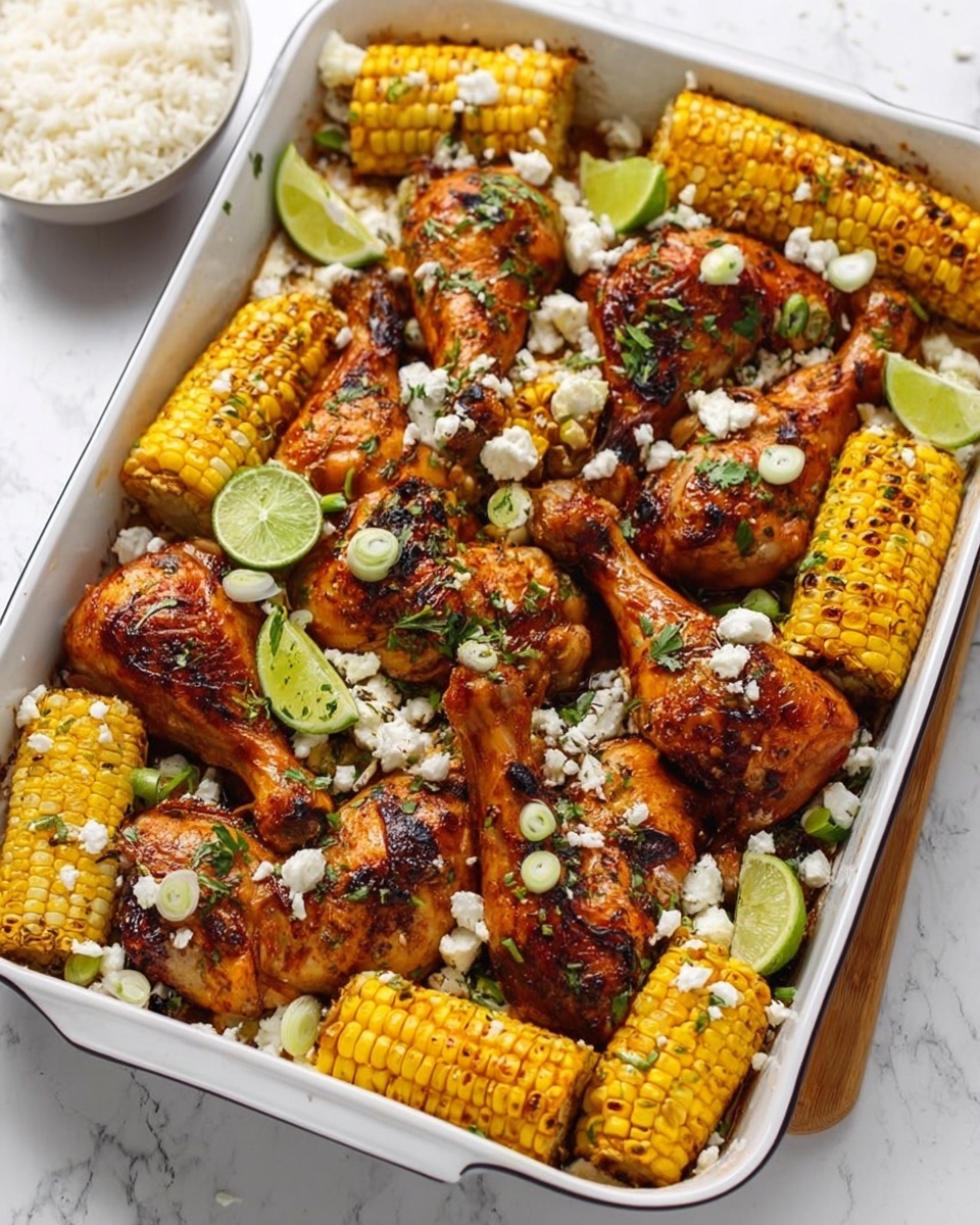 The image shows a white rectangular baking dish filled with golden grilled corn on the cob and roasted chicken drumsticks with a browned skin. The corn pieces are placed both horizontally and diagonally over the drumsticks, creating a layered look. White cheese crumbles are scattered on top, along with small green onion slices and thin white round slices. Bright green lime wedges are placed sparingly among the food. The dish sits on a white marbled surface, and a small bowl with white rice is placed behind the baking dish. Photo taken with an iphone --ar 4:5 --v 7
