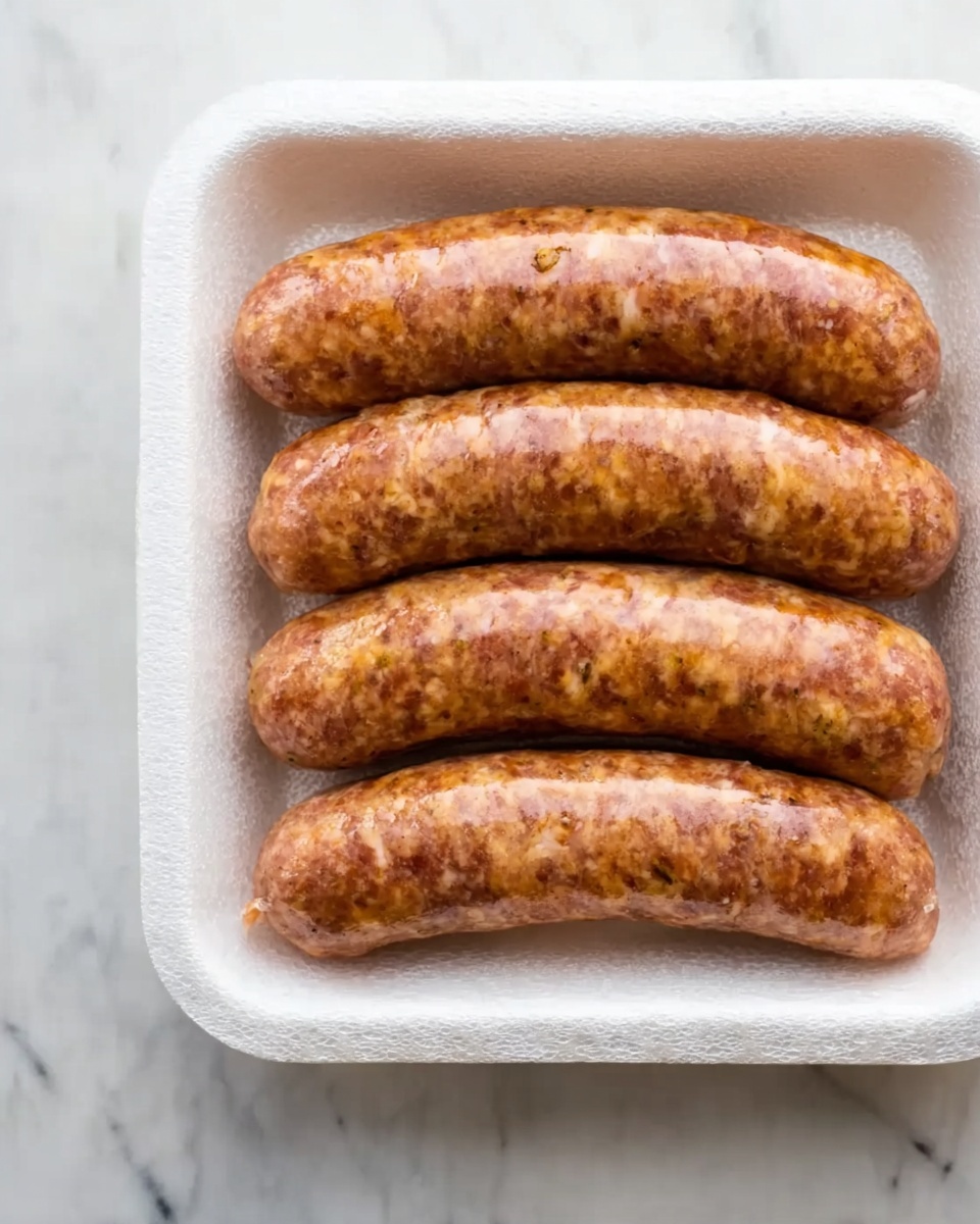 The image shows five plump, uncooked sausages arranged side by side inside a white foam tray. The sausages have a brown and light orange mottled texture, with visible small fat and meat bits inside their casing. The tray rests on a white marbled surface that adds a clean, bright background to the photo. photo taken with an iphone --ar 4:5 --v 7