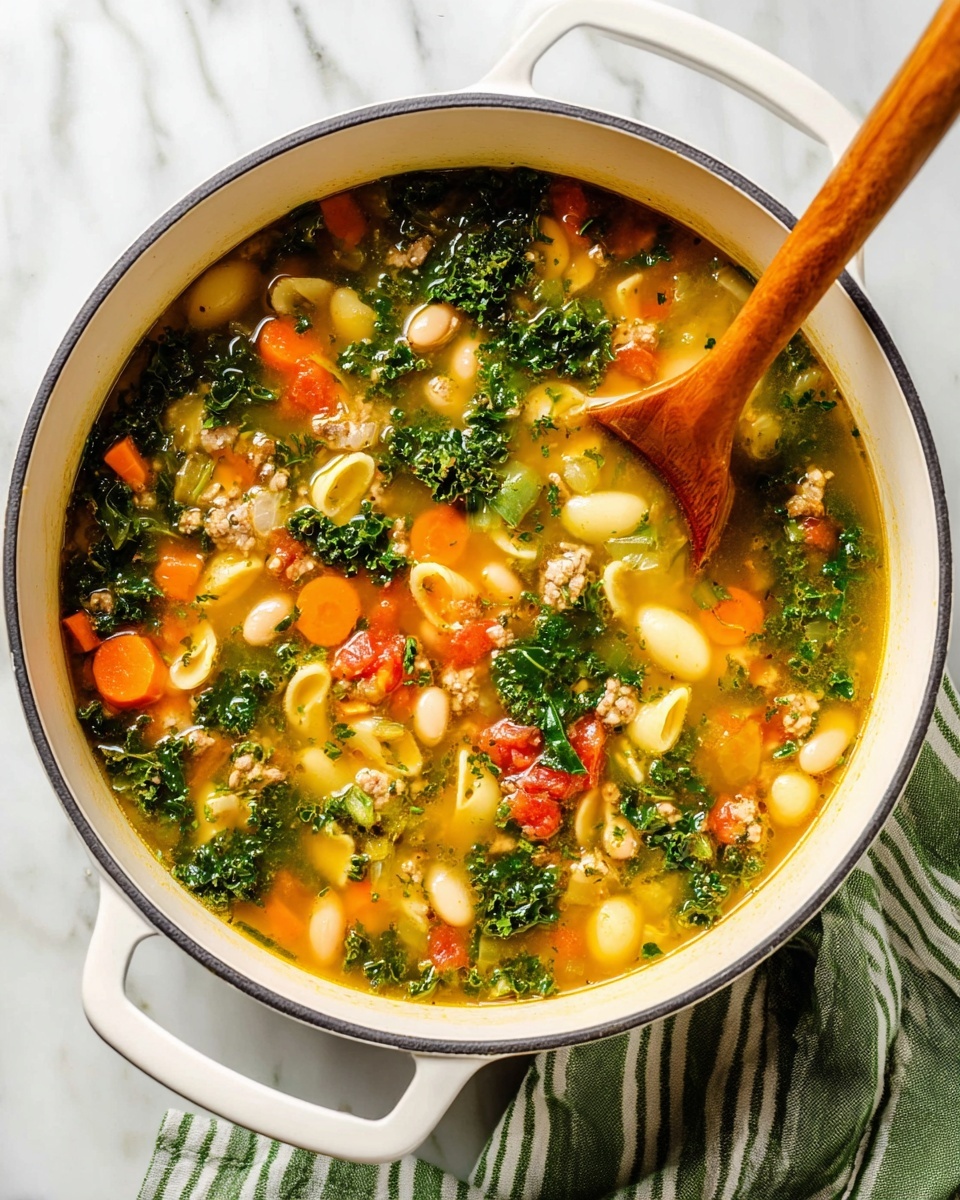 A white pot filled with a colorful soup showing multiple layers: bright orange carrot pieces and red tomato chunks, green kale leaves, small white beans, yellow shell pasta, and tiny bits of ground meat all mixed in a clear golden broth with herbs. A wooden spoon is partially dipped into the soup from the right side. The pot is on a white marbled surface with a green and white striped cloth nearby. photo taken with an iphone --ar 4:5 --v 7
