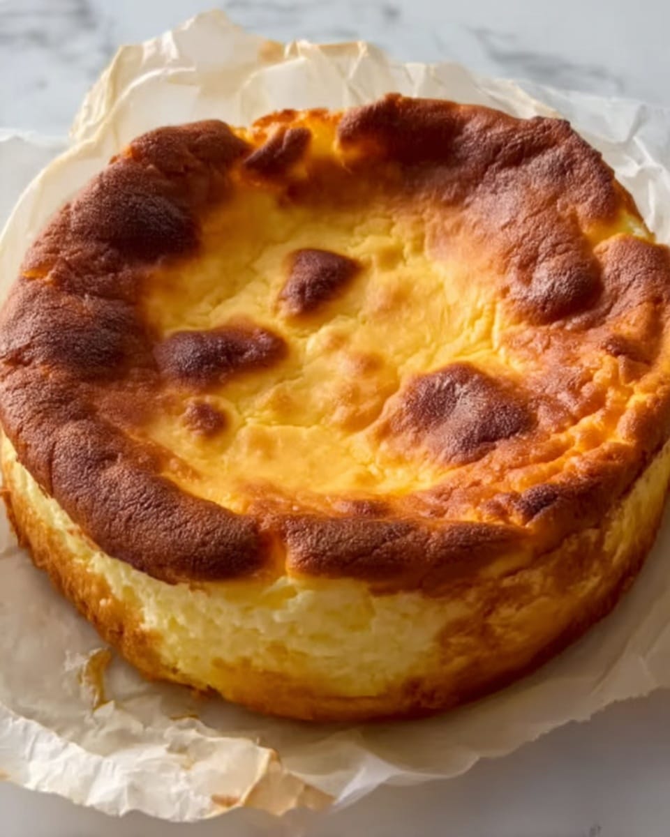 A round cheesecake with a golden brown top that has some darker browned spots and cracks. The edges appear slightly raised and browned more deeply, while the center is a lighter yellowish color with a soft texture. The cheesecake sits on wrinkled white parchment paper on a white marbled surface. Photo taken with an iphone --ar 4:5 --v 7