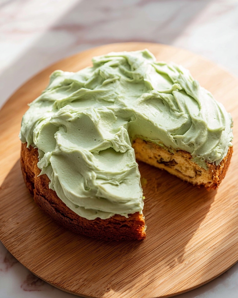 A round baked dish with two layers sits on a wooden board. The bottom layer is thick and golden brown with visible texture showing it is soft and slightly browned on the edges. The top layer is a thick spread of pale green creamy frosting, applied in smooth swirls and peaks that give it a fluffy look. A wedge is taken out of the dish showing the soft inside and the layered effect. The setting is bright with natural light and the background is a white marbled texture photo taken with an iphone --ar 4:5 --v 7