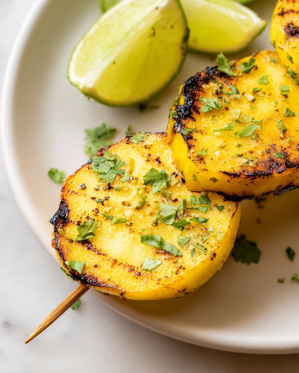 A close-up of one grilled yellow squash slice on a wooden skewer, showing two layers: the bottom layer is the skewer, thin and brown, and the top layer is the grilled squash, golden yellow with charred brown spots and sprinkled with small green cilantro leaves and some lime zest; on the side, a few slices of fresh lime wedges with light green skin and pale green inside, all placed on a smooth white plate on a white marbled surface photo taken with an iphone --ar 4:5 --v 7