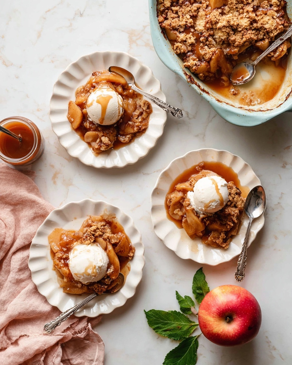 The image shows three white scalloped plates each holding a serving of apple dessert made of multiple layers: a base layer of cooked apple slices in golden brown syrup, a crumbly baked topping with a slightly crunchy texture, and a dollop of white vanilla ice cream on top. One plate near the top left has a silver spoon on its side, another near the center right also has a silver spoon on its side with a small bite missing from the dessert, and the third near the bottom left has no spoon visible. To the top right, there is a light blue baking dish with more dessert inside, showing a browned crust with syrup drizzled over it. A fresh red apple with green leaves attached lies near the dish on the white marbled surface along with a soft pink cloth napkin. At the bottom left, there is a small jar of caramel sauce with a spoon inside. The whole scene is lit softly and looks warm and inviting photo taken with an iphone --ar 4:5 --v 7