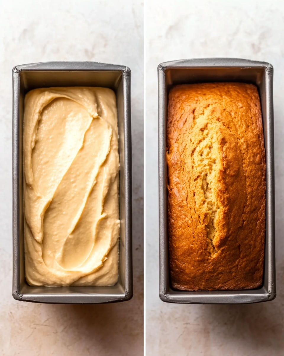 The image shows two side-by-side photos of a rectangular metal loaf pan on a white marbled surface. The left side has raw light beige batter spread evenly inside the pan with a smooth and thick texture. The right side shows the same pan with a golden brown baked loaf that has a rough crust and a crack on the top surface. The background is softly lit and the focus is on the loaf pan and its contents. photo taken with an iphone --ar 4:5 --v 7