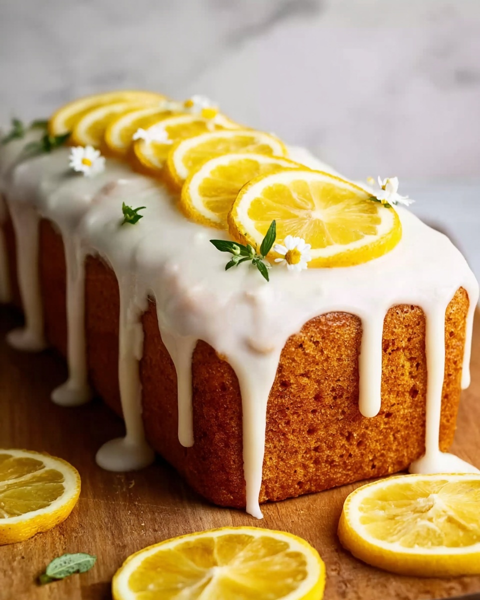 The image shows a loaf cake with three visible layers: the bottom layer is a golden brown textured cake, the middle layer is a thick, smooth white icing that drips down the sides in thick ribbons, and the top layer has thin, bright yellow lemon slices arranged in a row, each slice decorated with tiny white flower petals and small green leaves. The cake rests on a light brown wooden surface with more lemon slices scattered around the front. The background is a white marbled texture. photo taken with an iphone --ar 4:5 --v 7