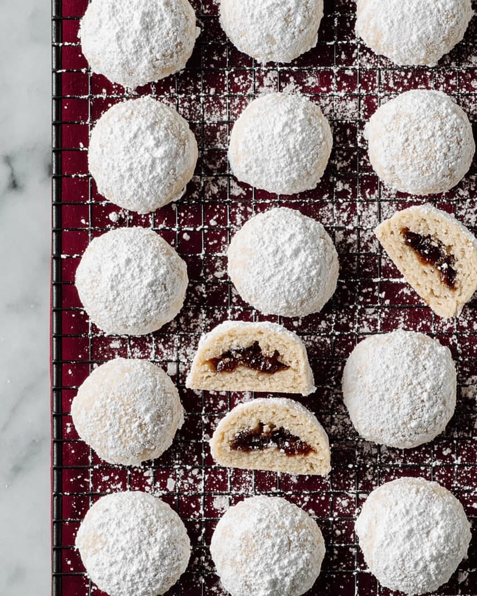 The image shows seven small clear glass bowls with different baking ingredients arranged neatly on a white marbled surface. At the top right is a bowl filled with white flour with a soft, powdery texture. To the left of it is a bowl full of walnut halves with their brown and light tan rough textures. Below the flour, on the right, is a bowl with small yellow cubes of butter showing smooth edges. In the center is a tiny bowl with a small amount of amber-colored vanilla extract. Below and to the left of that is a larger bowl filled with pure white powdered sugar that looks fluffy. To its right, a small bowl contains fine white granulated sugar, and above the vanilla, there is a tiny bowl with coarse white salt. Photo taken with an iphone --ar 4:5 --v 7