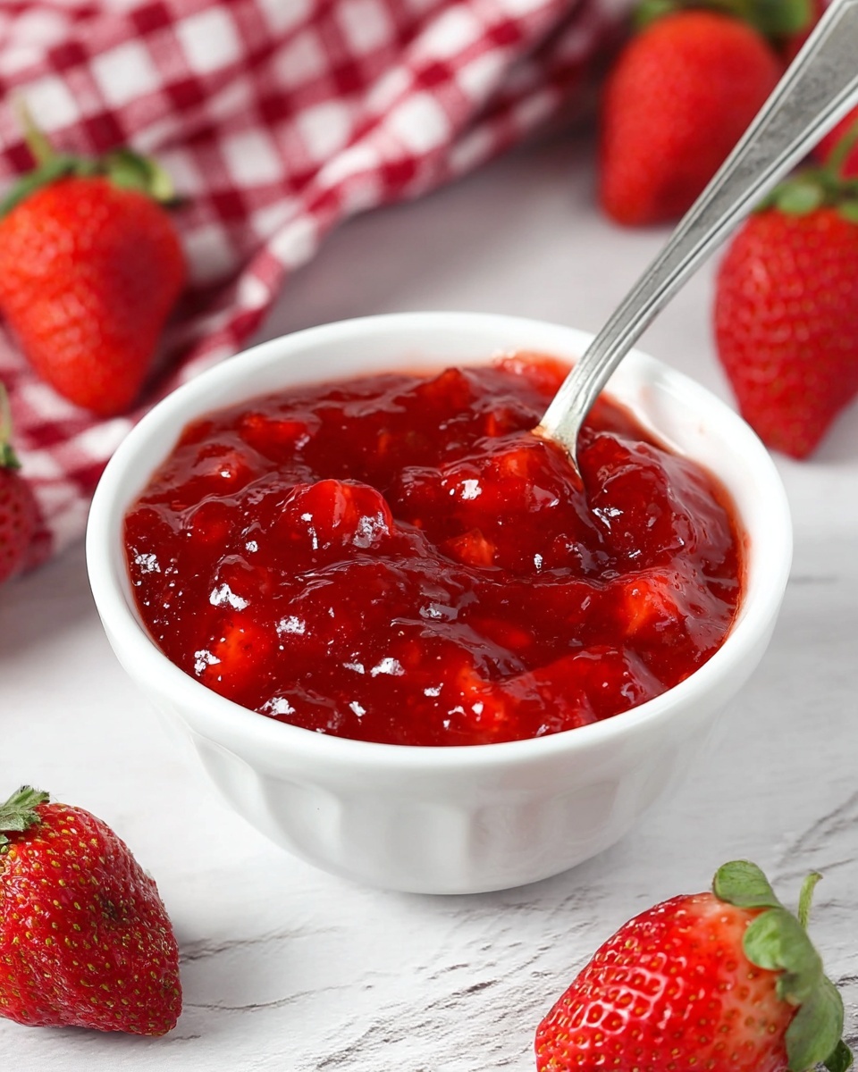 The image shows a close-up of a white bowl filled with bright red strawberry jam that has a shiny, glossy texture with chunks of strawberry pieces throughout. There is a metallic spoon resting inside the bowl, partially covered with the jam. Around the bowl, there are whole fresh strawberries with green leaves sitting on a white marbled surface. The color contrast between the vibrant red jam and the fresh strawberries against the white bowl and marbled background is clear and vivid. photo taken with an iphone --ar 4:5 --v 7